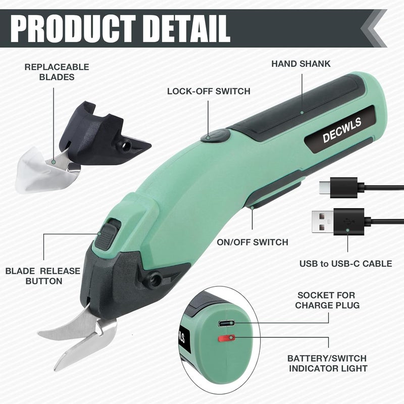 Decwls Cordless Electric Scissors for Fabric, 4V Rechargeable Cardboard Scissors with 3 Replaceable Sharp Blades, Electric Shears for Cutting Fabric, Cardboard, Carpet, Leather, Felt - Image 3